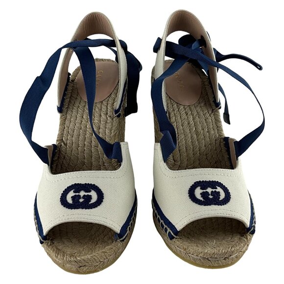 Gucci Women's Espadrille With Ribbon Tie Interlocking G White & Blue Sz 38 - Picture 2 of 11